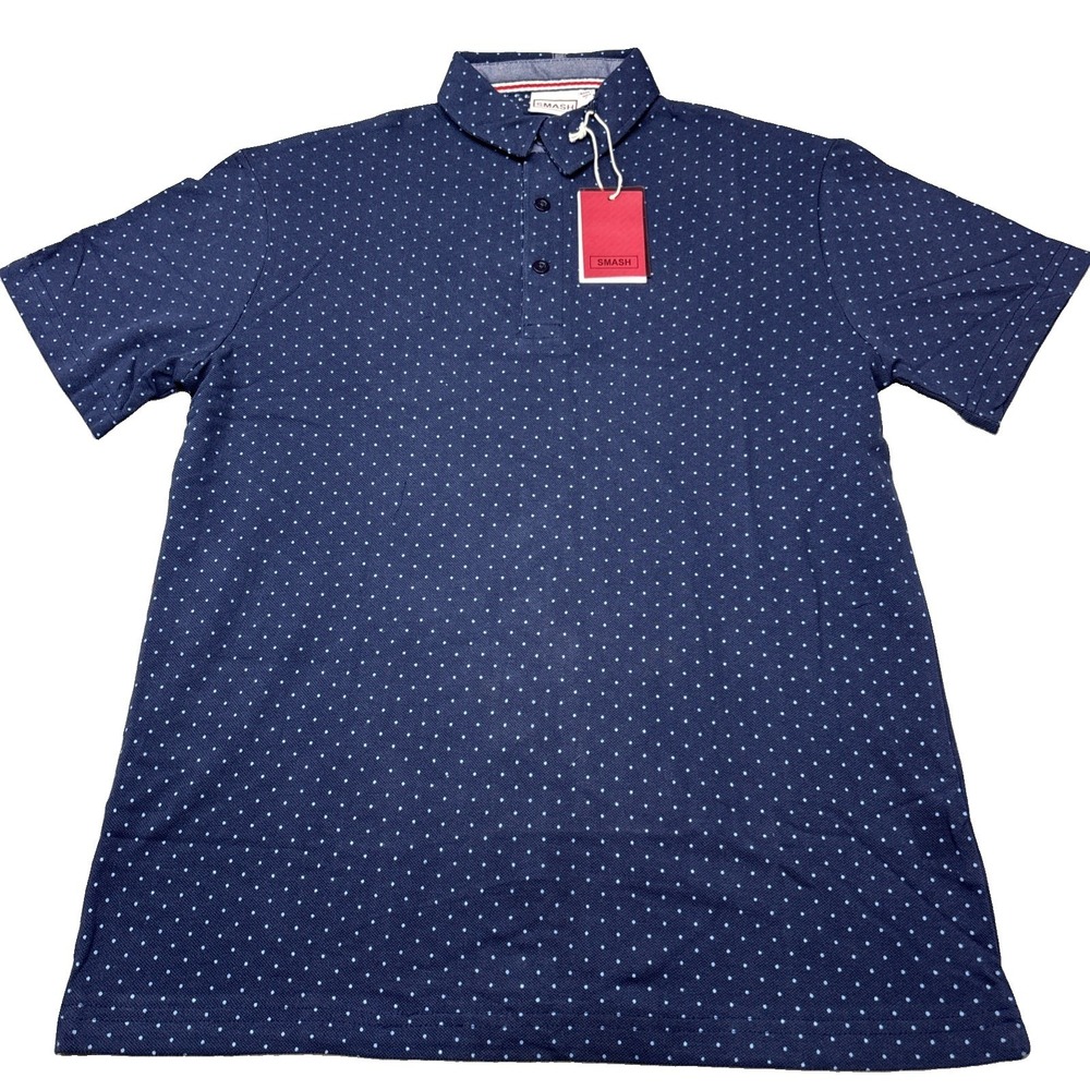 NWT SMASH Mens Navy Blue Polka Dot Short Sleeve Button Down Polo Shirt Size Sm